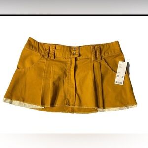 UO Women’s BDG Mini Skirt L Mustard Brown Pleated Cotton Raw Hem Y2K High Waist